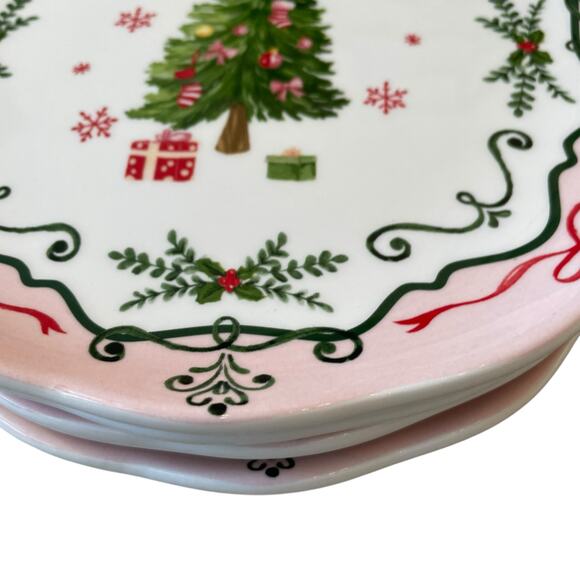 4 Potter's Studio CHRISTMAS TREE PINK Salad Plates 9in Ceramic Bows Holiday New - Picture 11 of 16